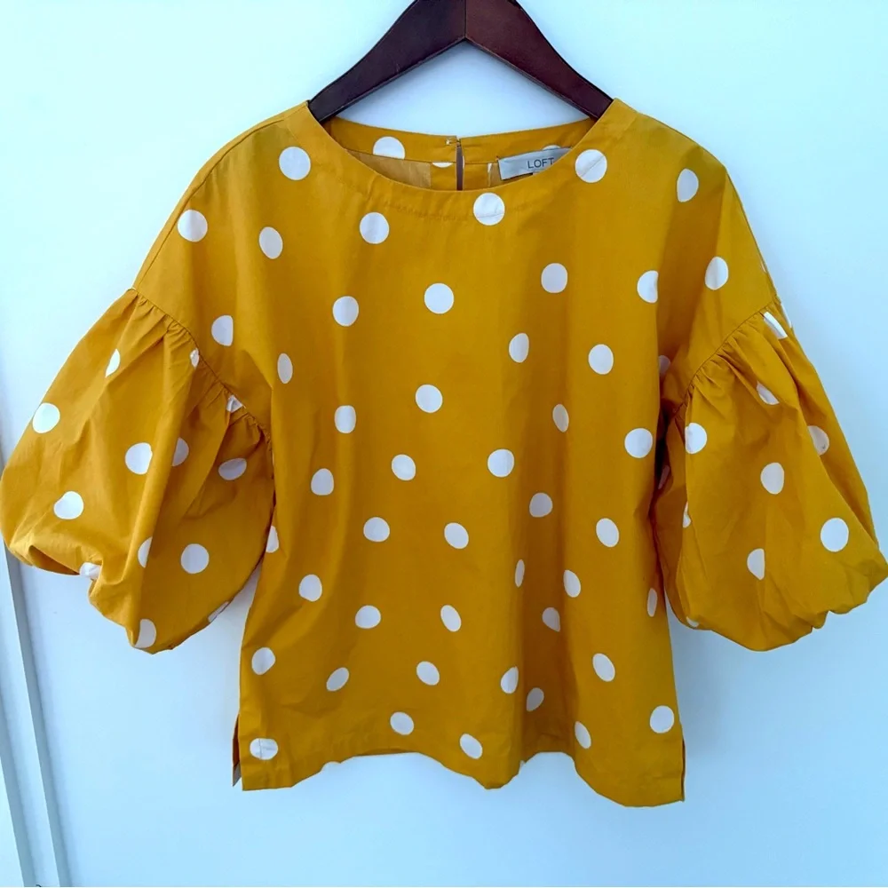 LOFT Women’s Blouse Ballon Sleeves Yellow Polka Dot Women's Top Shirt Size S - Picture 3 of 16